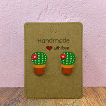 Load image into Gallery viewer, Cactus wooden stud earrings on card
