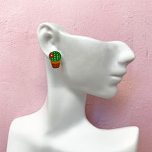 Load image into Gallery viewer, Wooden cactus stud earrings on model
